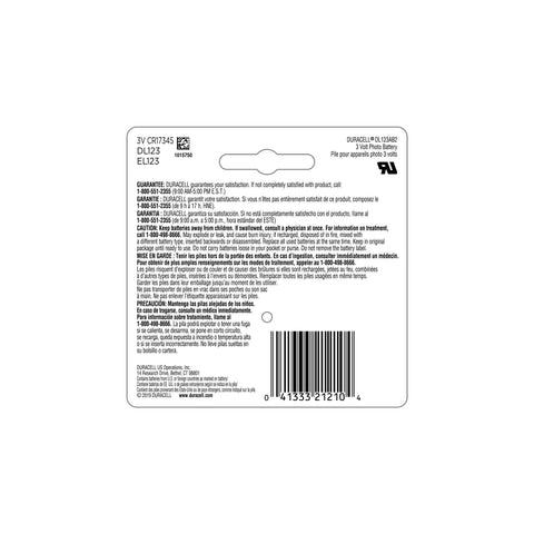 Back packaging for CR123A 3V Lithium Batteries Two Pack With Decade Long Power Reserve Premium Grade Energy.