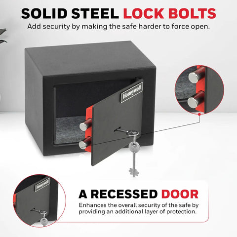 Bolt Down Small Safe Box For Valuables With Steel Security And Key Lock Durable Cabinet Scratch Resistant Finish Carpeted Floor Pad 0.19 Cu Ft Capacity Black Portable Home Safe For Cash Jewelry And Documents open showing lock bolts and interior.