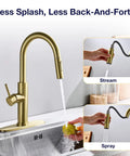 TOYWIA Kitchen Faucets with Pull Down Sprayer, High Arc Single Handle Classic Stainless Steel Sink Faucet 1 or 3 Hole, Suitable for Farmhouse Camper Laundry Rv Bar, Gold with pull-down sprayer and rotating spout in action.
