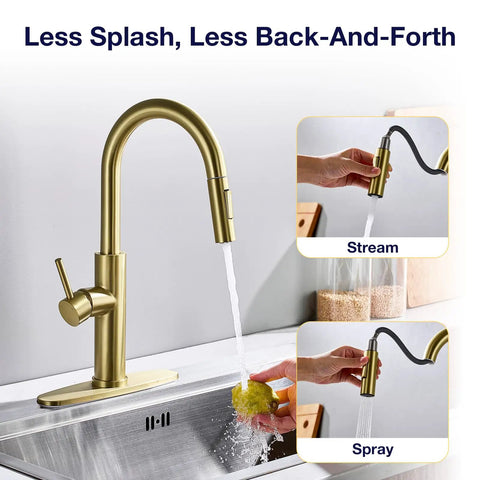 TOYWIA Kitchen Faucets with Pull Down Sprayer, High Arc Single Handle Classic Stainless Steel Sink Faucet 1 or 3 Hole, Suitable for Farmhouse Camper Laundry Rv Bar, Gold with pull-down sprayer and rotating spout in action.