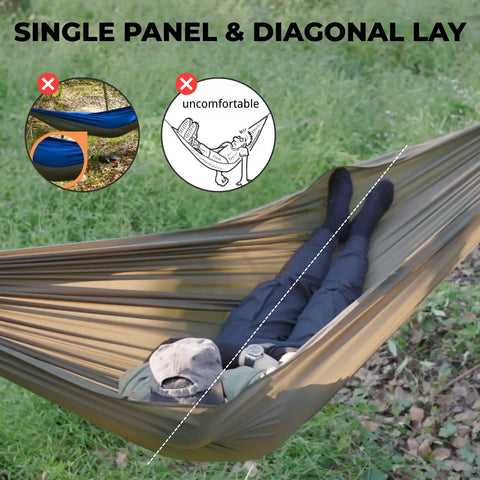 Person lying in an Ultralight 11-Foot Camping Hammock with 40D 1.7oz Nylon Ripstop, OD Green, using a diagonal lay.