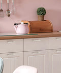 Pink kitchen with wooden countertop featuring cabinets with 60 Pack 6 Inch Brushed Nickel Cabinet Pulls Dope Stainless Steel Kitchen Drawer Cupboard Handles
