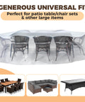 Beefy Heavy Duty Waterproof Patio Table And Chair Cover For Outdoor Furniture, Large Rectangular Universal Fit 111 Inch By 74 Inch By 28 Inch, showing coverage over table set