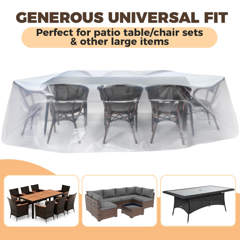 Beefy Heavy Duty Waterproof Patio Table And Chair Cover For Outdoor Furniture, Large Rectangular Universal Fit 111 Inch By 74 Inch By 28 Inch, showing coverage over table set