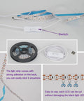 Lit 6.6Ft Black Light Strip With 120 UV LEDs 395-400nm USB 5V showing adhesive backing and switch for indoor decor