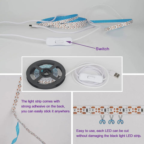 Lit 6.6Ft Black Light Strip With 120 UV LEDs 395-400nm USB 5V showing adhesive backing and switch for indoor decor