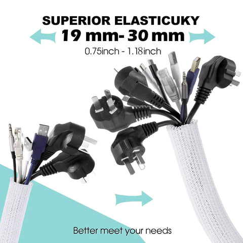 White Cable Sleeve Kit, 2 Pack, 5ft Each, 0.75 to 1.2 Inch Diameter Wire Management Tubes for Desk and TV Cables shown with cables inside