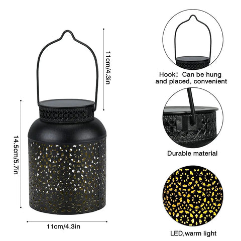 Outdoor Solar Lanterns Pack of 2 Waterproof Hanging Lanterns With Handles, black metal, decorative cut-out design, warm LED light