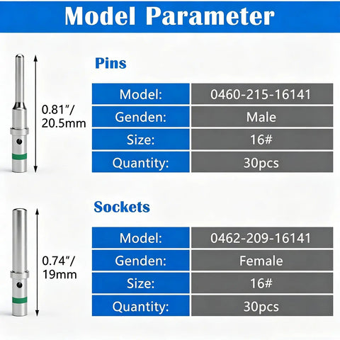 Model parameters for DT Connector Pin And Socket Kit Pro Grade 60 Pieces 30 Pairs Size 16 Terminals for Deutsch DT Series
