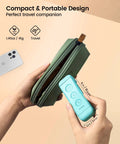 Side view: Glocusent USB rechargeable clip-on reading light with turquoise control panel, held beside a green book