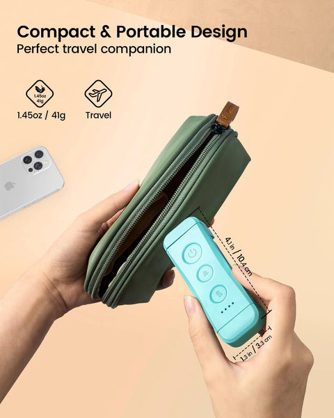 Side view: Glocusent USB rechargeable clip-on reading light with turquoise control panel, held beside a green book