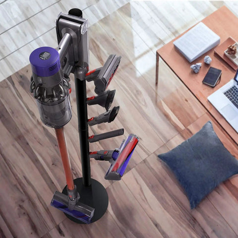 Sturdy Floor Storage Stand With Five Hooks For V Series Cordless Vacuum Cleaners Boss Level Docking Station Organizer Bracket Keeps V15 Detect V11 V10 V8 V7 V6 Neatly Parked In Black, shown in a living room setting.
