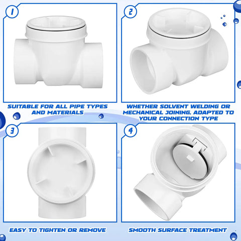 4 Inch Backwater Valve Drain Backflow Preventer for Sewage and Rainwater, White PVC, multiple views showing features
