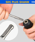 Somada SDS Plus long drill bit, 1 in x 39 in, carbide 4-cutter tip for concrete and masonry, shown with hammer drill chuck