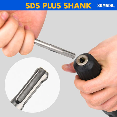 Somada SDS Plus long drill bit, 1 in x 39 in, carbide 4-cutter tip for concrete and masonry, shown with hammer drill chuck
