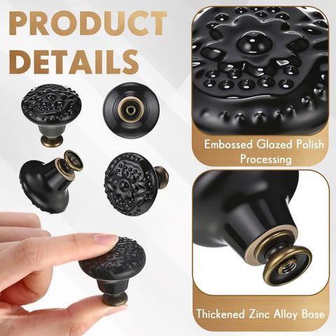 24 Piece Black Ceramic Cabinet Knobs Vintage Round Pulls Revamp Your Space With These Sturdy Kitchen Cupboard Dials angled detail of embossed knobs