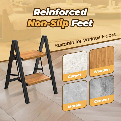 Slick Lightweight Aluminum Folding Step Ladder With Wide Pedals And Anti Slip Design 2 Step Stool on wood floor