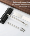 Automatic Door Closer Aluminum Alloy Adjustable Closing Hinge Wear Resistant Rebound Stopper For Quiet Smooth Close At Home Or Office Black Finish With Durable Construction shown with installation kit