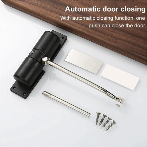 Automatic Door Closer Aluminum Alloy Adjustable Closing Hinge Wear Resistant Rebound Stopper For Quiet Smooth Close At Home Or Office Black Finish With Durable Construction shown with installation kit