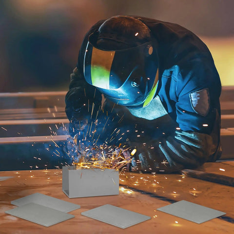 Person welding with sparks using 24 Pack Welding Practice Kit With 2x4 Inch Coupons In 9 Gauge, 11 Gauge, 14 Gauge, 16 Gauge Mild Steel