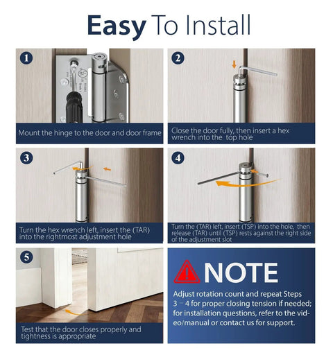 Step-by-step installation guide for Tough As Nails 2 Pack 4 Inch Self Closing Door Hinges with hex wrench adjustments.