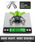 Front view of RainPoint garden hose splitter, 2-way metal Y-spigot with green handles, 3/4" GHT threads