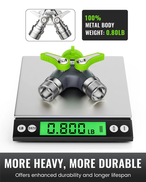 Front view of RainPoint garden hose splitter, 2-way metal Y-spigot with green handles, 3/4" GHT threads