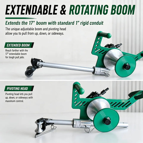 Powerful Electric Cable Puller With 17" Extendable Boom And Pivoting Head For One Person Jobs, Handles 1000 Lbs On Wires.