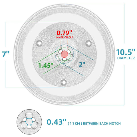 Diagram of 10.5 Inch Microwave Glass Tray Replacement Compatible With 252100500497 dimensions and notches.