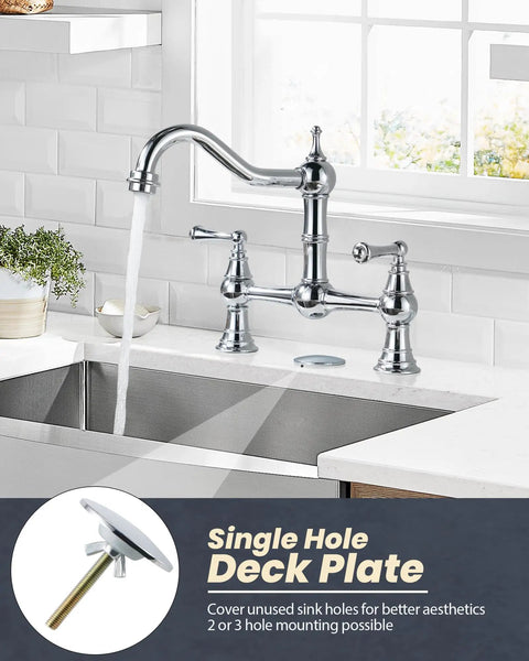 Chrome Bridge Kitchen Faucet With 8 Inch Centerset Solid Brass Construction 2 Or 3 Hole Sink Compatible Two Handle Classic Heritage Design