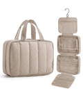 Travel Toiletry Bag For Women With Hanging Hook, Waterproof Cosmetic Organizer, camel color, dual zip, clear window shown open