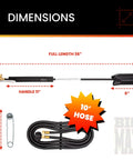 Powerful 500,000 BTU Propane Torch With Easy Grip Molded Handle dimensions, 10-ft hose, 36in length, 11in handle.