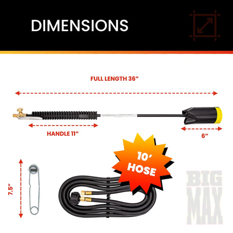 Powerful 500,000 BTU Propane Torch With Easy Grip Molded Handle dimensions, 10-ft hose, 36in length, 11in handle.