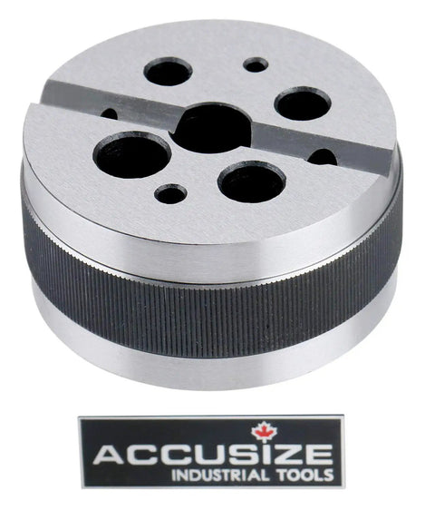 Machinist Bench Block 3 Inch Diameter 1.5 Inch Height Hardened Ground Steel With 1/8 to 5/8 Inch Holes Knurled Edge For Secure Grip V Groove Across Face For Round Stock Pin Driving And Drilling, top view