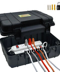 Heavy Duty Outdoor Electrical Box With Tough As Nails IP54 Rain Cover To Keep Your Power Strips Timers And Extension Cords Safe From Wild Weather While Keeping Your Yard Gear Locked And Loaded Year Round In Smooth Black with power strip inside.
