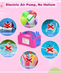 High Speed Electric Balloon Pump And Portable Balloon Blower For No Sweat Party Setup With Slick Plug And Play Action and Rock Solid Performance For Weddings Birthdays And Festivals image showing the electric pump with latex balloons and non-compatible inflatables.