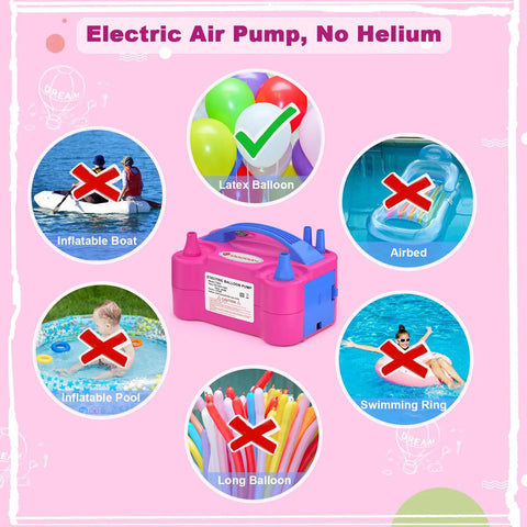 High Speed Electric Balloon Pump And Portable Balloon Blower For No Sweat Party Setup With Slick Plug And Play Action and Rock Solid Performance For Weddings Birthdays And Festivals image showing the electric pump with latex balloons and non-compatible inflatables.