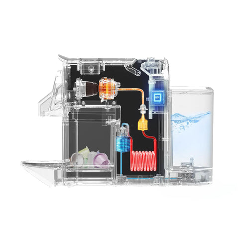 Side view of Compact Espresso Machine With 20 Bar Pump For Barista Grade Espresso One Touch Single Serve Coffee Maker internal components