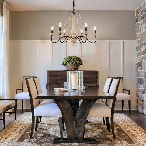 French Country Farmhouse Six Light Chandelier With Wood Bead Accents For Dining Room Living Room And Bedroom, Distressed White Wood Finish, 29.5 Inch Diameter, Adjustable Chain Up To 59.1 Inches, A True Statement Piece For Cozy Vibe Homes over dining table