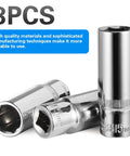 Three Piece 15mm Deep Sockets Set For Three Eighths Inch Drive With Six Point Design Corrosion Resistant visible in packaging