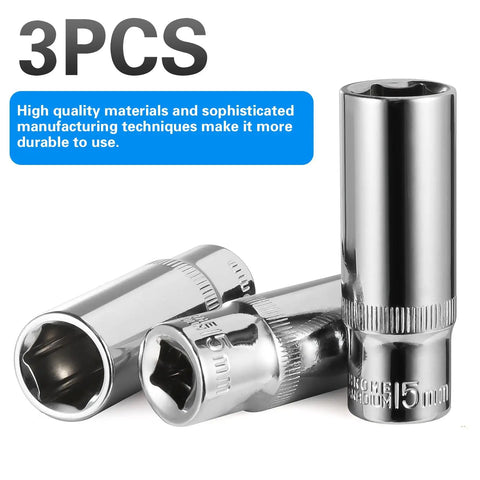 Three Piece 15mm Deep Sockets Set For Three Eighths Inch Drive With Six Point Design Corrosion Resistant visible in packaging