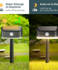 Solar Pathway Lights With Motion Sensor Waterproof Outdoor LED 2 In 1 Lights showing day and night modes in garden setting