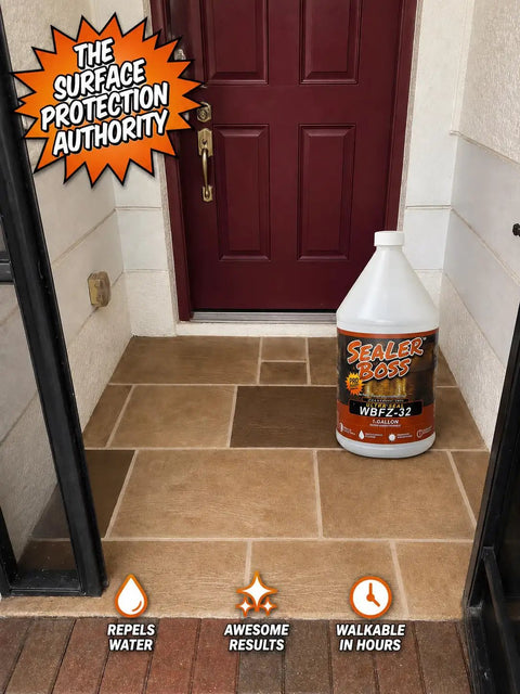 Heavy Duty Solvent Concrete Sealer Drops A Sick Wet Look Sheen On Your Driveway While Packing A Punch Of Tough Protection Against Oil And Water Spills In This 5 Gallon Jug placed near a front door.