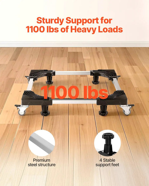 Adjustable Mini Fridge Stand 27.5-35.4 Inches Tall Universal Mobile Base with 1100 lbs capacity on wooden floor.