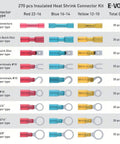 Color-coded chart of All In One Heat Shrink Wire Connectors Kit With 270 Pc Waterproof Electrical Crimp Terminals For Auto And Marine Use Adhesive Lined Tubing In Red Blue Yellow Plus Butt Fork Ring Hook And Quick Disconnects displayed.