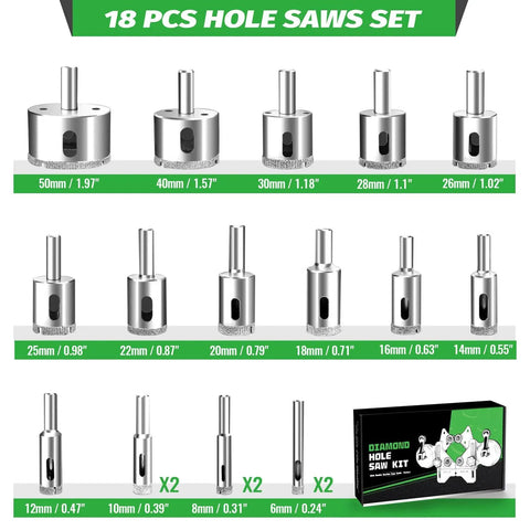 Top Quality 15 Piece Hole Saw Kit With Secure Double Suction Cups For Drilling Ceramic Marble And Glass Safely Without Slipping Using Integrated Steel Bits Plated For Durability Up To 50Mm Size, 18-piece diamond hole saw set with sizes 6-50mm