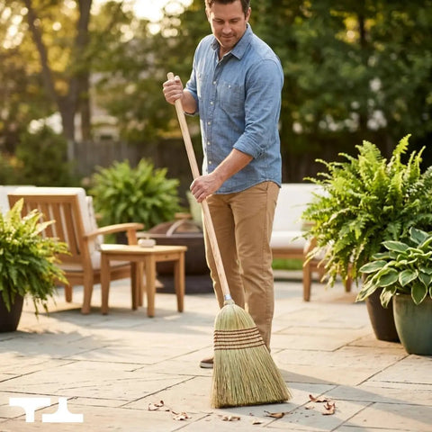 Man using Handmade Corn Broom With Wood Handle For Indoor And Outdoor Use Heavy Duty Garage And Patio Sweep 56 Inch Long 9 Inch
