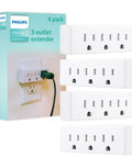 Premium Grounded Outlet Extenders Four Pack Triple Socket Wall Power Splitter shown with three outlet extenders and packaging.