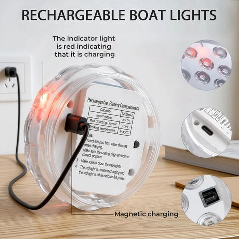 Rechargeable Boat Lights With USB Charging shown charging; red indicator light, magnetic cable connected; focus on USB charging feature.