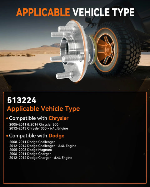 Front Wheel Bearing Hub Assembly 513224 For Dodge Challenger 2008 To 2014, Charger 2006 To 2014, Magnum 2005 To 2008, Chrysler 300 2005 To 2014 With ABS 5 Lug RWD Replacement Hub detailed specifications with desert background